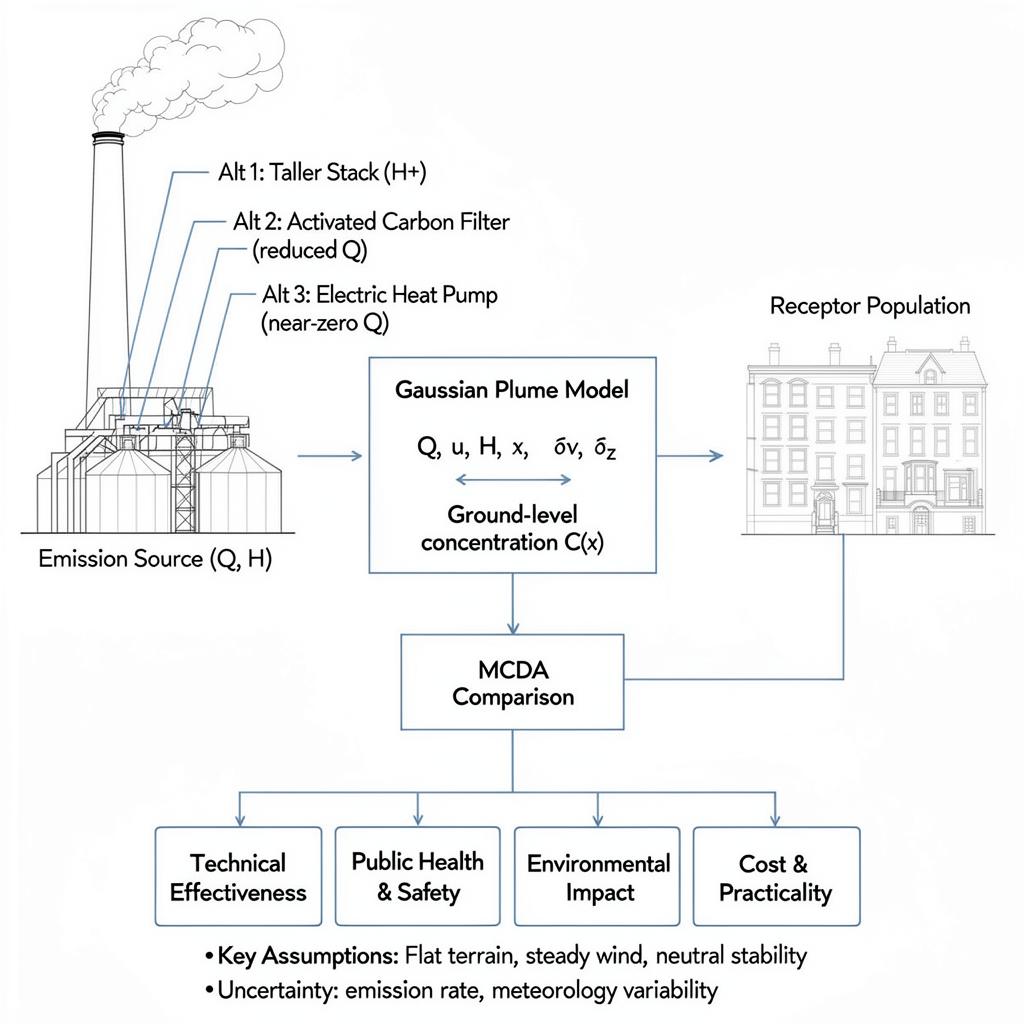 Enhanced engineering schematic showing emission source, three engineering alternatives, Gaussian plume model with inputs and outputs, receptor population, MCDA comparison framework, and evaluation criteria